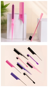 Detailed set of professional hair coloring combs and sectioning brushes in multiple colors