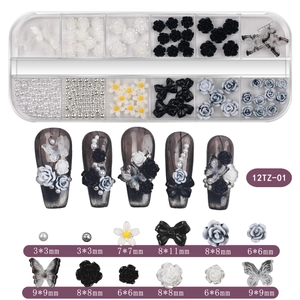 Mixed nail art charms set with 3D resin roses, butterflies and pearls in storage box