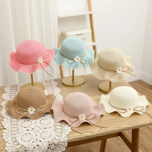 Kids And Women Sun Hat And Matching Bag Paper Straw Daisy Flower Wavy Brim Bow Ribbon Sweet Summer Beach Lace Edge