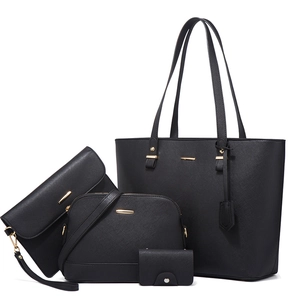 Chic 4-piece black PU leather handbag set with tote, crossbody, clutch and card holder
