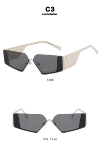 Modern Y2K rimless sunglasses with geometric grey lenses and gold metal temples