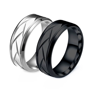 Minimalist stainless steel ring set with geometric stripe texture in black and silver