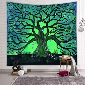 Detail view of the glowing tree of life tapestry texture and vibrant fluorescent fabric colors