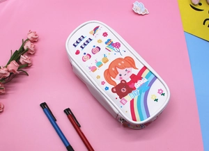 Close-up of white waterproof leather pencil case with cute girl and bear cartoon prints