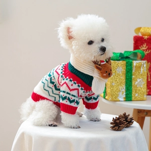 Detail of knitted Christmas pet sweater and scarf with reindeer decor for small dogs