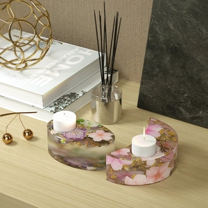 Set de bougeoirs en résine aux fleurs séchées formes lune et ovale pour déco