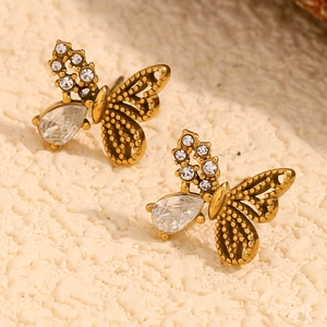 Butterfly Stud Earrings Stainless Steel 18K Gold Plated Delicate Zircon Asymmetrical Exquisite Fashion Jewelry For Women