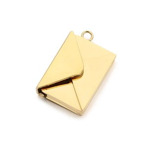 Polished gold envelope locket pendant in stainless steel with openable book design