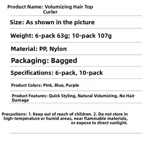 Specifications table for hair root volume clips in pink blue and purple colors