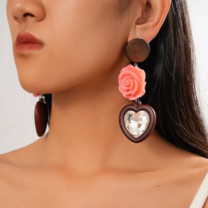 Boucles D'oreilles Bohème Vintage Rose En Résine Bois Cœur Cristal Avec Tige En Argent Sterling 925 Floral Exagéré