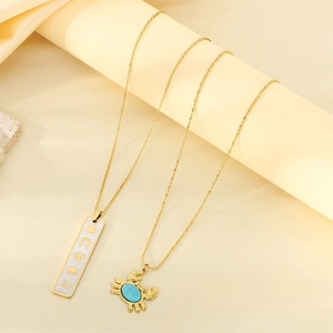 Crab Blue Stone Pendant Necklace And Lucky Symbols Rectangle Plaque 18K Gold Plated Stainless Steel Jewelry For Women