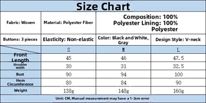 Guide des tailles détaillé pour gilet femme à col en V en polyester, mesures pour S, M et L