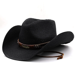 Cappello da cowboy nero in paglia con fascia etnica e piuma per protezione solare da spiaggia