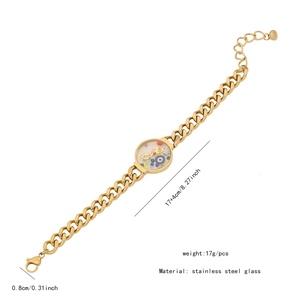 Detailed specs of the golden stainless steel bracelet with evil eye and palm charms