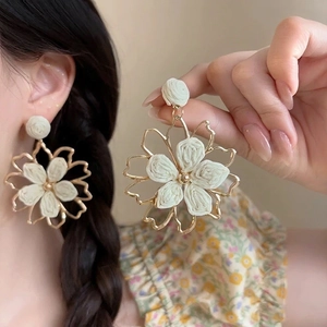 Bohemian style large white fabric flower earrings with gold beaded centers for women