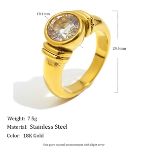 Vintage 18K gold plated stainless steel ring with large round cubic zirconia stone