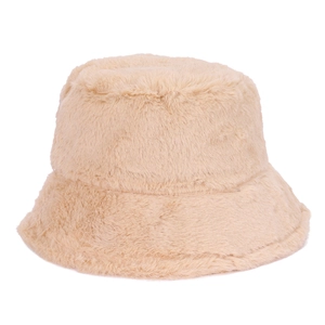 Close-up of the soft beige faux rabbit fur texture on a warm winter bucket hat