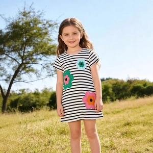 Vestido de Rayas de Verano para Niñas Manga Corta Algodón Dibujos Animados Flor Aplique Bordado Vestido de Princesa Ropa Casual para Niños Pequeños