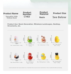 Detailed size and weight specifications for mini resin duck figurines in various styles