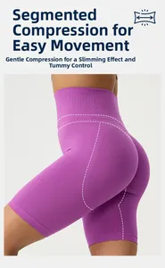 Detail view of purple high waist compression yoga shorts with tummy control texture