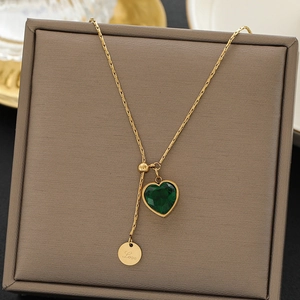 Emerald Green Heart Stainless Steel Necklace For Women Gold Plated Adjustable Drawstring Love Tag Elegant Jewelry Gift