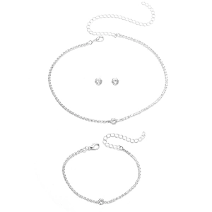 Sparkling silver rhinestone necklace, earrings, and bracelet jewelry set for women