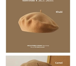 Detail of wool blend beret texture in khaki and camel tones for autumn winter
