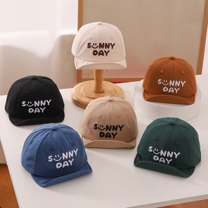 Infant soft brim baseball caps with Sunny Day smile embroidery in six assorted colors