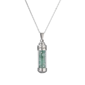 Stainless steel perfume bottle pendant necklace with green stones on white background