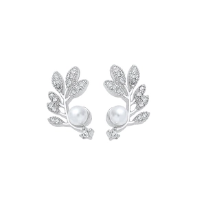 Elegant leaf shaped silver stud earrings with white pearls and sparkling rhinestones