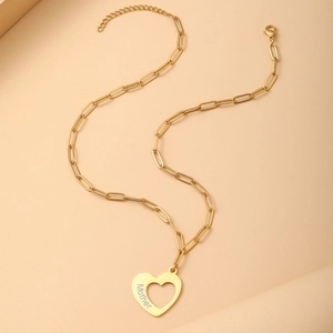 Gold stainless steel paperclip necklace with engraved heart mother pendant for women