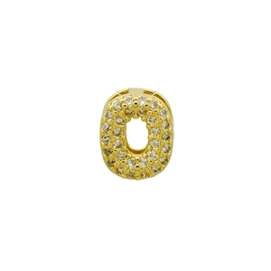 Detailed view of bubble letter O pendant featuring gold plating and clear zircon inlay