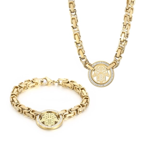 Luxury gold stainless steel Hamsa jewelry set with sparkling rhinestones and chain links