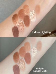 Oogschaduw swatches die binnenverlichting vergelijken met natuurlijk daglicht effect