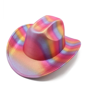 Detailed view of iridescent rainbow western cowboy hat with reflective metallic fabric