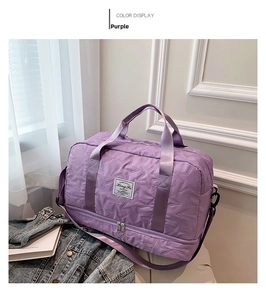 Purple quilted gym bag with star pattern, separate shoe compartment and strap
