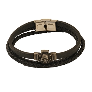 Men's vintage punk double-layer braided leather bracelet with skull and magnetic clasp