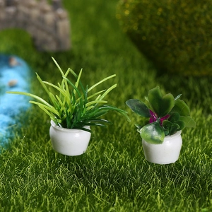 Miniature dollhouse potted green plants in white pots for garden landscape decor