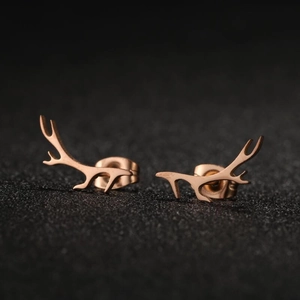 Minimalist rose gold stainless steel reindeer antler stud earrings for women