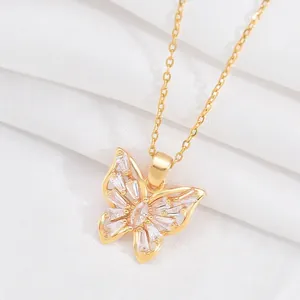 Light Luxury Gold Plated Butterfly Pendant Necklace For Women Titanium Steel Copper Zirconia Inlay Fashion Jewelry Gift