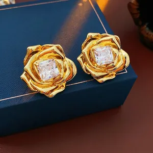 Boucles D'oreilles Rose Avec Placage Or 18k Zircon Carré Tige En Argent Bijoux Chic Élégants Pour Femmes