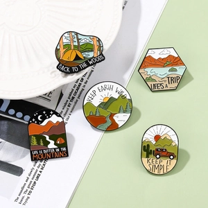 5-piece outdoor adventure enamel pin set with mountain, tent, and off-road vehicle designs