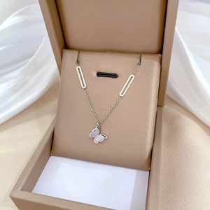 Elegant silver titanium steel necklace with sparkling butterfly pendant in a gift box