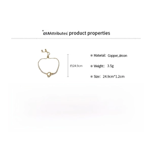 Detailed view of gold plated bamboo chain bracelet with zircon rings and product dimensions