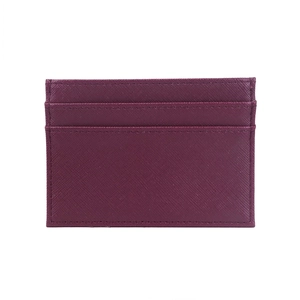 Detailed view of deep purple Saffiano leather card holder with three card slots