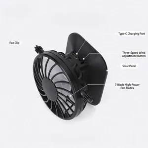 Solar powered portable clip fan with 7 blades and Type-C charging port shown at 45 degree angle