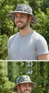 Detail of breathable camouflage boonie hat with wide brim and adjustable chin strap