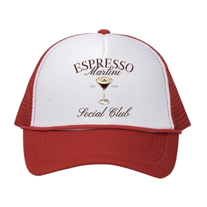 Red and white ESPRESSO Martini Social Club trucker hat with breathable mesh and foam front