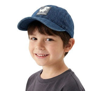 Kids denim baseball cap in dark blue with a pixel dinosaur patch and curved brim