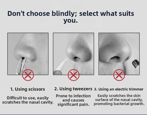 Comparison of nasal hair removal tools showing risks of scissors and electric trimmers